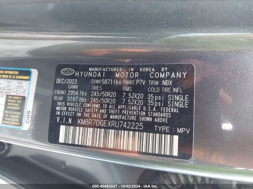 2024 Hyundai Palisade Calligraphy VIN: KM8R7DGEXRU742225 Lot: 40492027