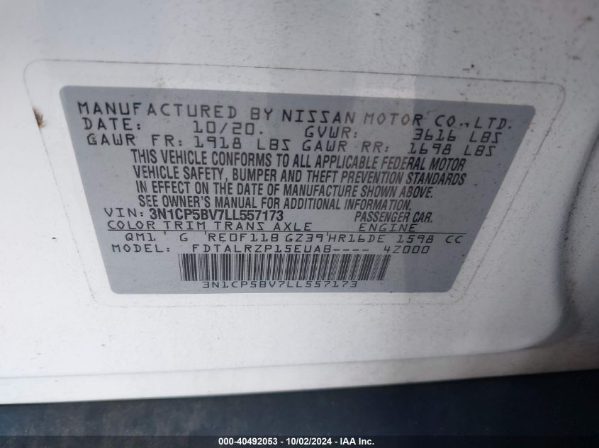 3N1CP5BV7LL557173 2020 Nissan Kicks S Xtronic Cvt