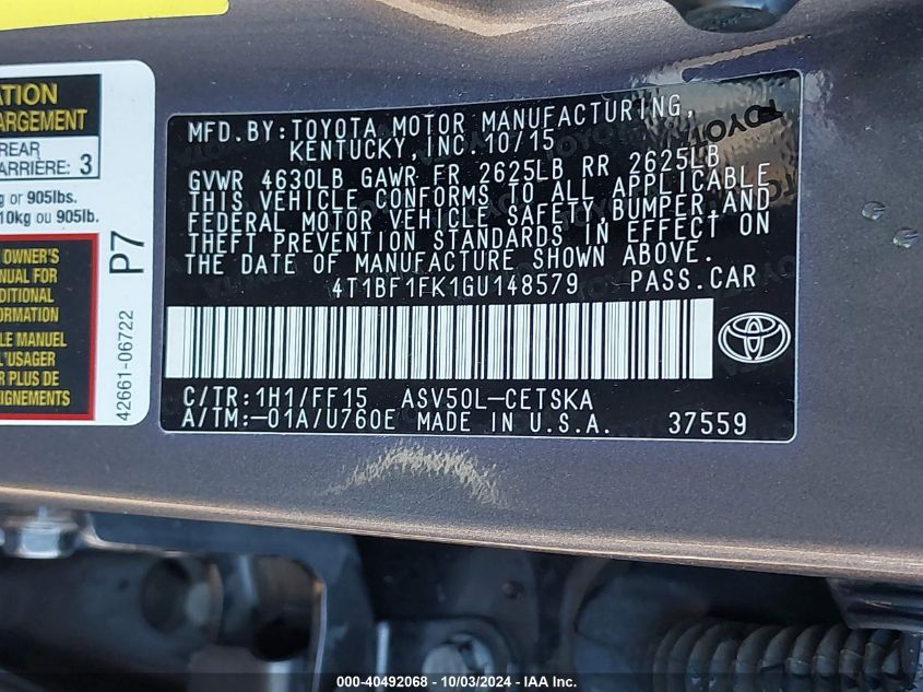 4T1BF1FK1GU148579 2016 Toyota Camry Se