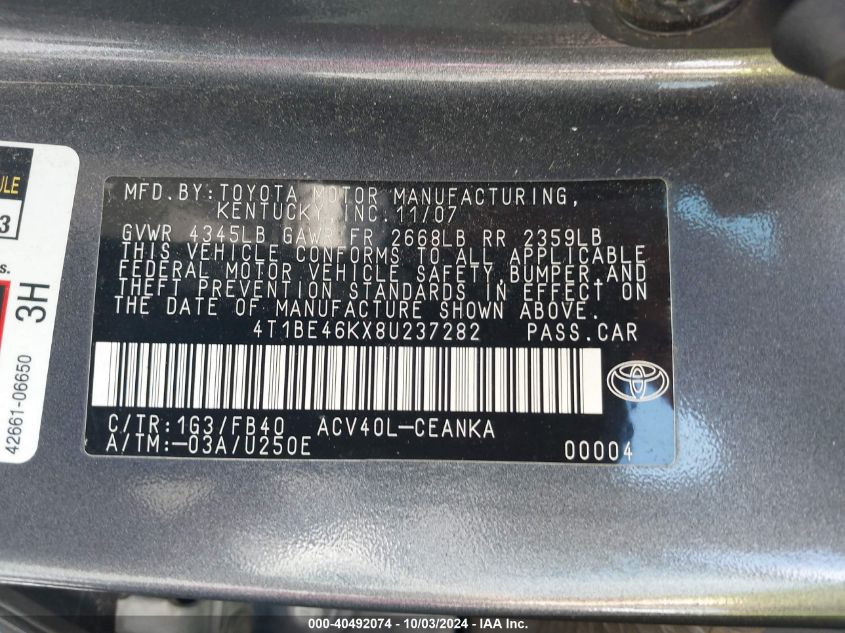 4T1BE46JX8U237282 2008 Toyota Camry Ce/Le/Xle/Se