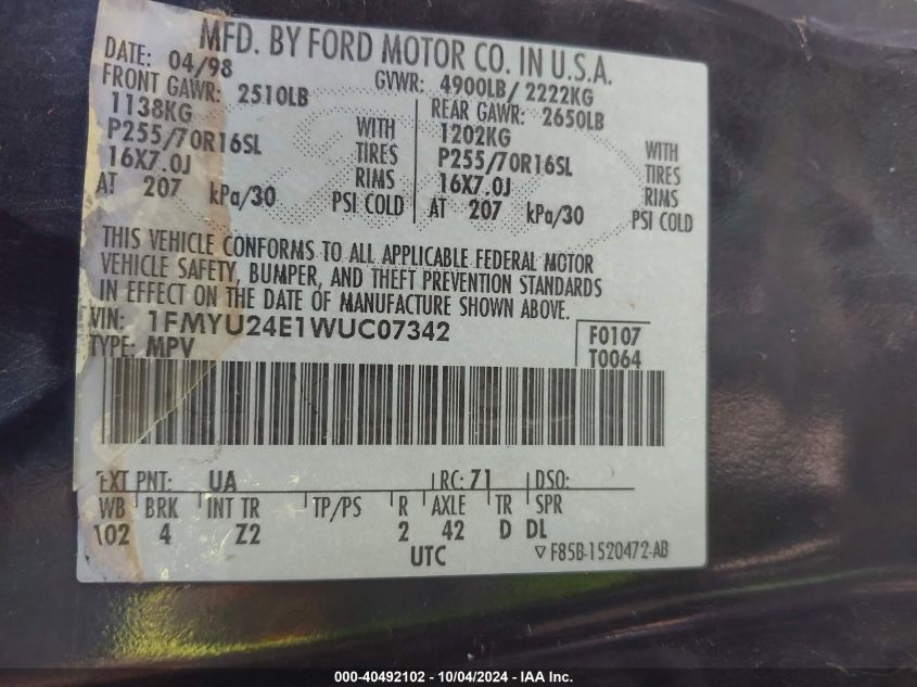 1FMYU24E1WUC07342 1998 Ford Explorer Sport