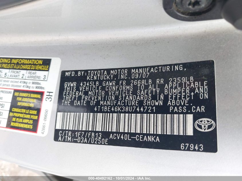 4T1BE46K38U744721 2008 Toyota Camry Le