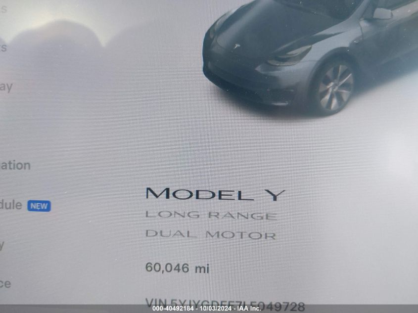 2020 Tesla Model Y Long Range Dual Motor All-Wheel Drive VIN: 5YJYGDEE7LF049728 Lot: 40492184