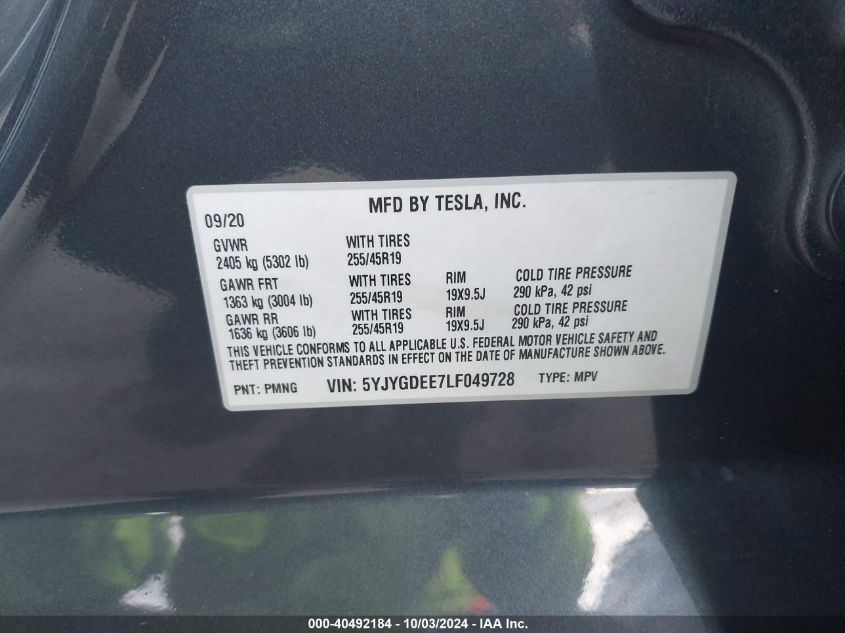 2020 Tesla Model Y Long Range Dual Motor All-Wheel Drive VIN: 5YJYGDEE7LF049728 Lot: 40492184