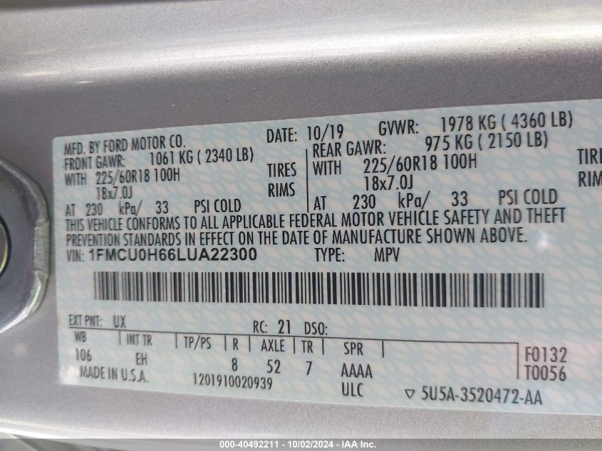 1FMCU0H66LUA22300 2020 Ford Escape Sel