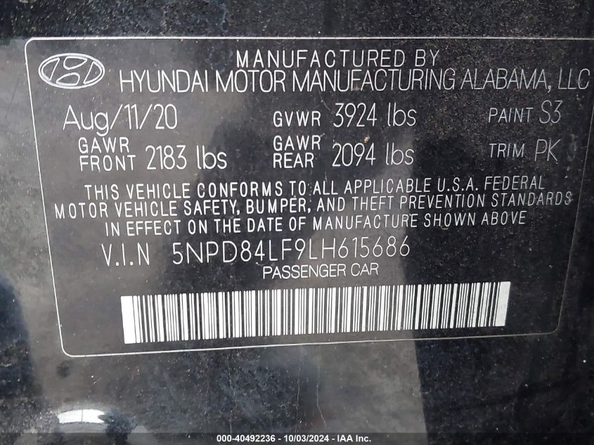 2020 Hyundai Elantra Sel VIN: 5NPD84LF9LH615686 Lot: 40492236