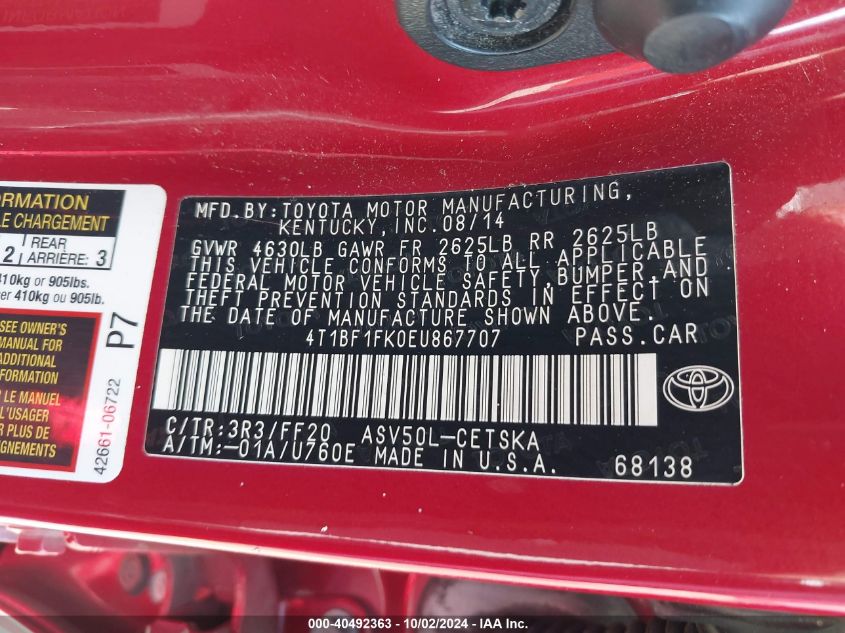 4T1BF1FK0EU867707 2014 Toyota Camry Se