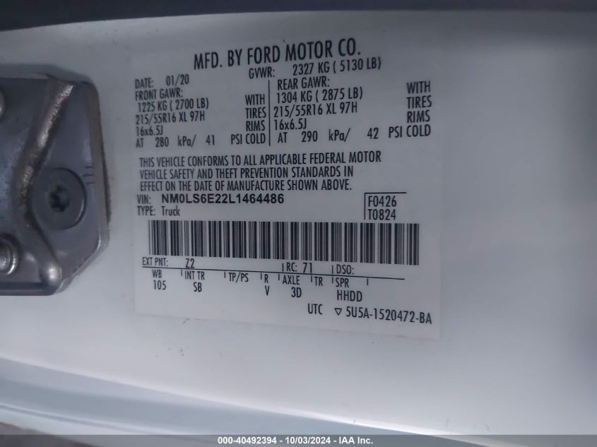 NM0LS6E22L1464486 2020 Ford Transit Connect Xl