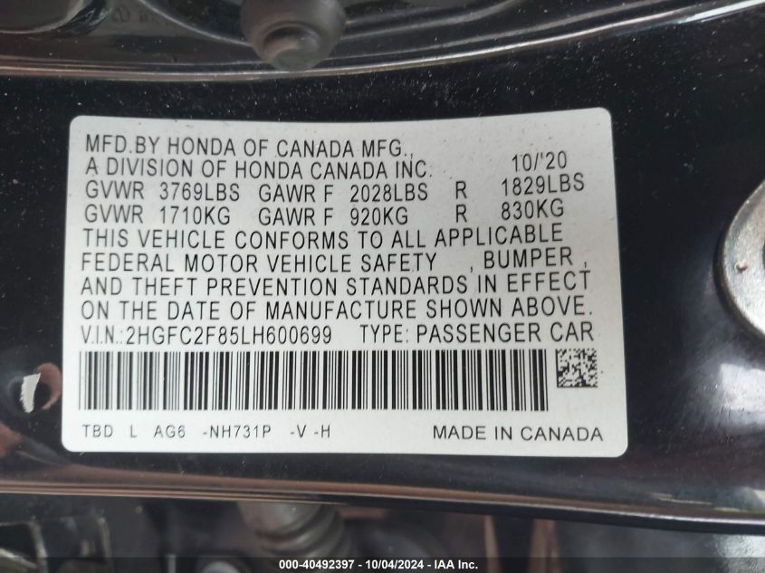 2020 Honda Civic Sport VIN: 2HGFC2F85LH600699 Lot: 40492397