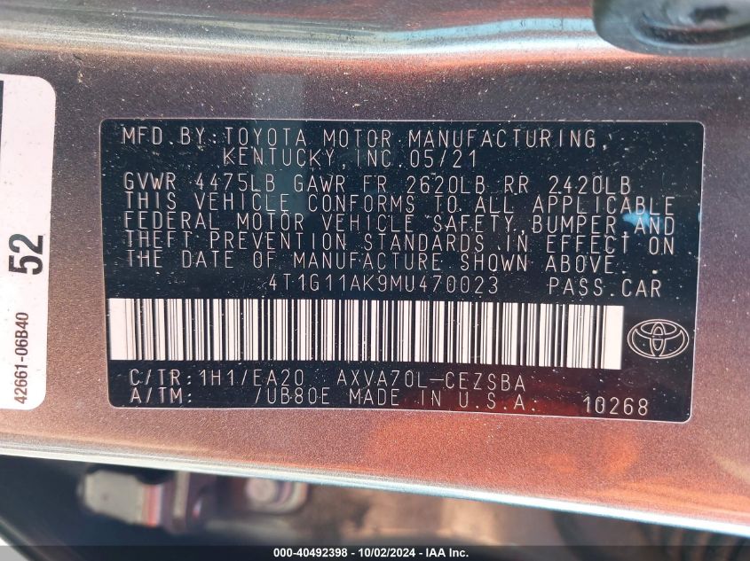 4T1G11AK9MU470023 2021 Toyota Camry Se