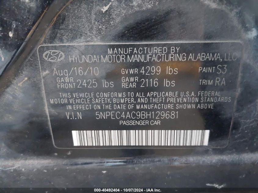 5NPEC4AC9BH129681 2011 Hyundai Sonata Limited