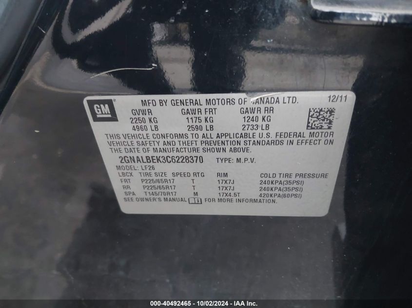 2GNALBEK3C6228370 2012 Chevrolet Equinox Ls