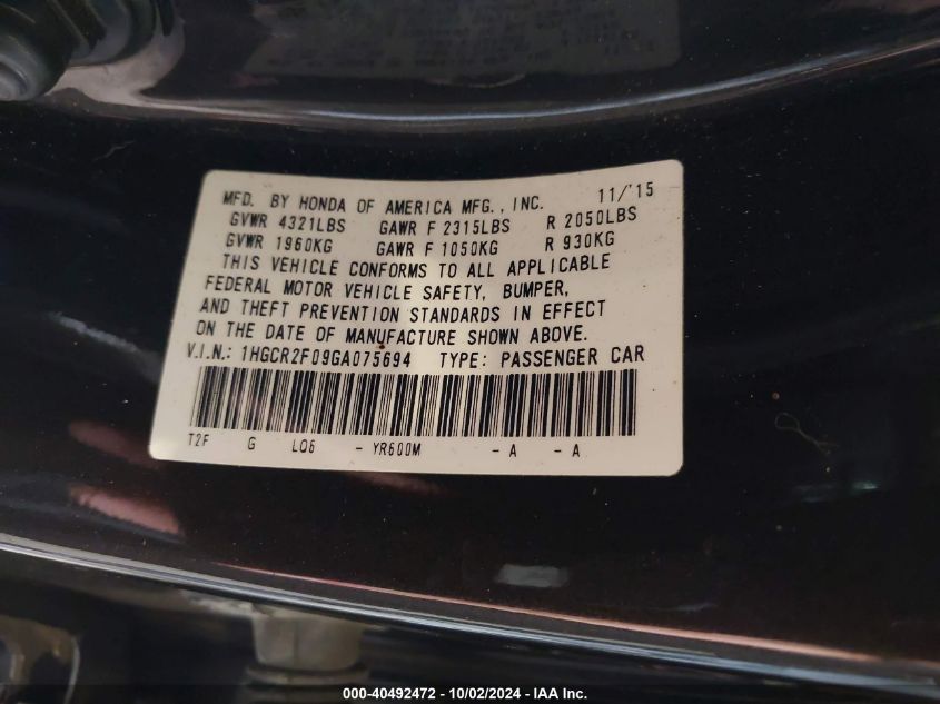 1HGCR2F09GA075694 2016 Honda Accord Ex