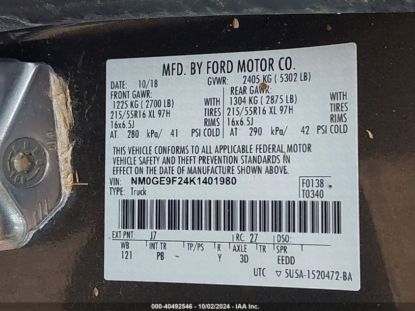 NM0GE9F24K1401980 2019 Ford Transit Connect Xlt