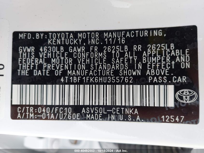 VIN 4T1BF1FK6HU355762 2017 Toyota Camry, LE no.9