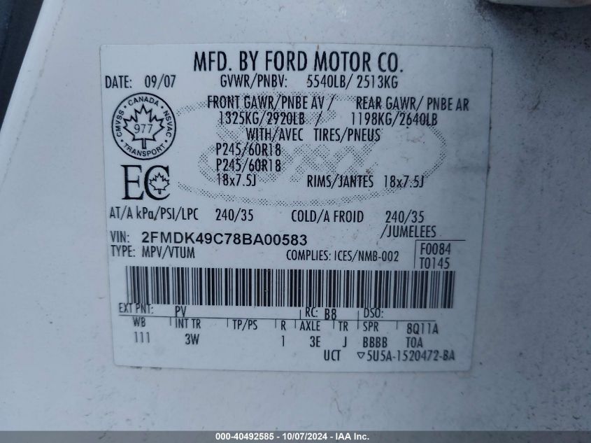 2FMDK49C78BA00583 2008 Ford Edge Limited