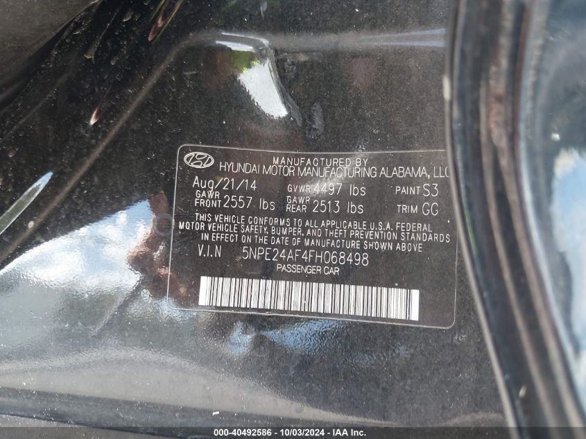 5NPE24AF4FH068498 2015 Hyundai Sonata Se