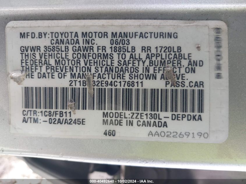 2004 Toyota Corolla Ce VIN: 2T1BR32E94C176811 Lot: 40492640