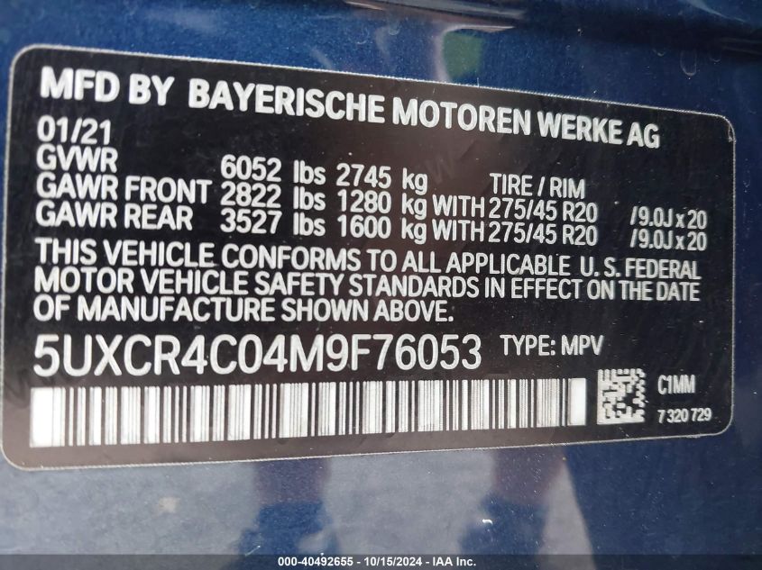 VIN 5UXCR4C04M9F76053 2021 BMW X5, Sdrive40I no.9