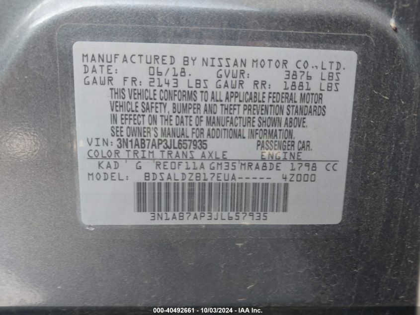 3N1AB7AP3JL657935 2018 Nissan Sentra Sv