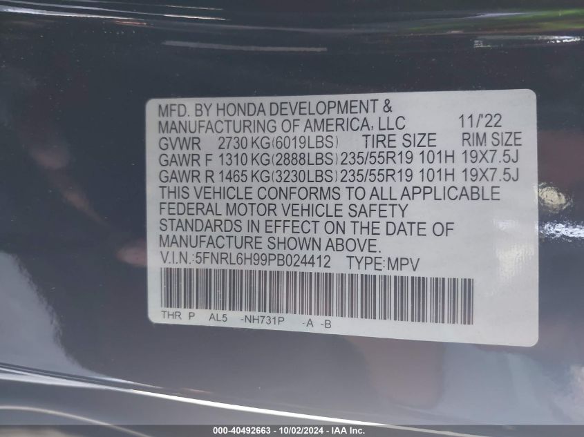 2023 Honda Odyssey Elite VIN: 5FNRL6H99PB024412 Lot: 40492663