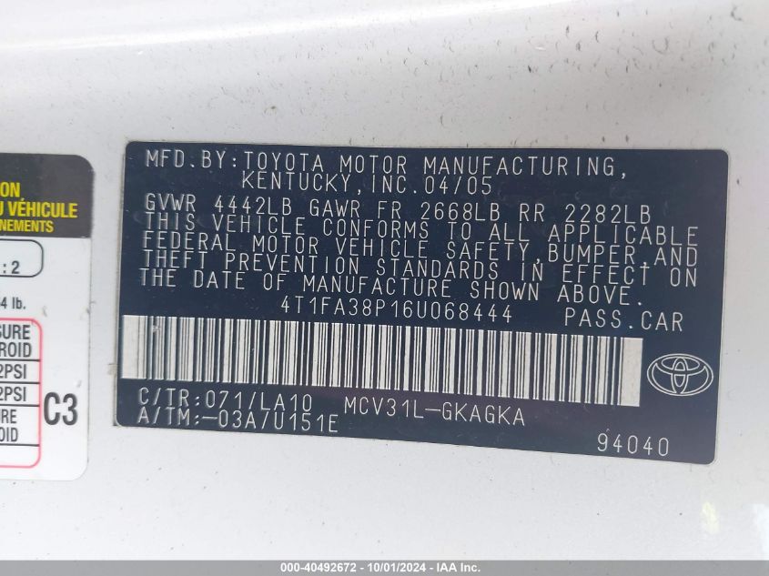 4T1FA38P16U068444 2006 Toyota Camry Solara Sle