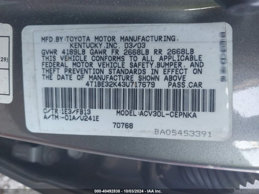 4T1BE32K43U717679 2003 Toyota Camry Le