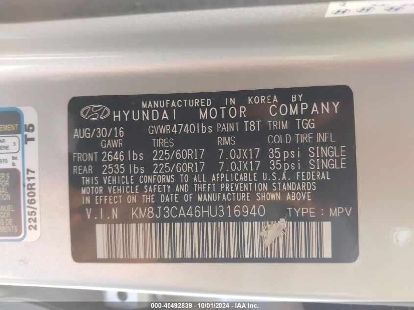 KM8J3CA46HU316940 2017 Hyundai Tucson Se