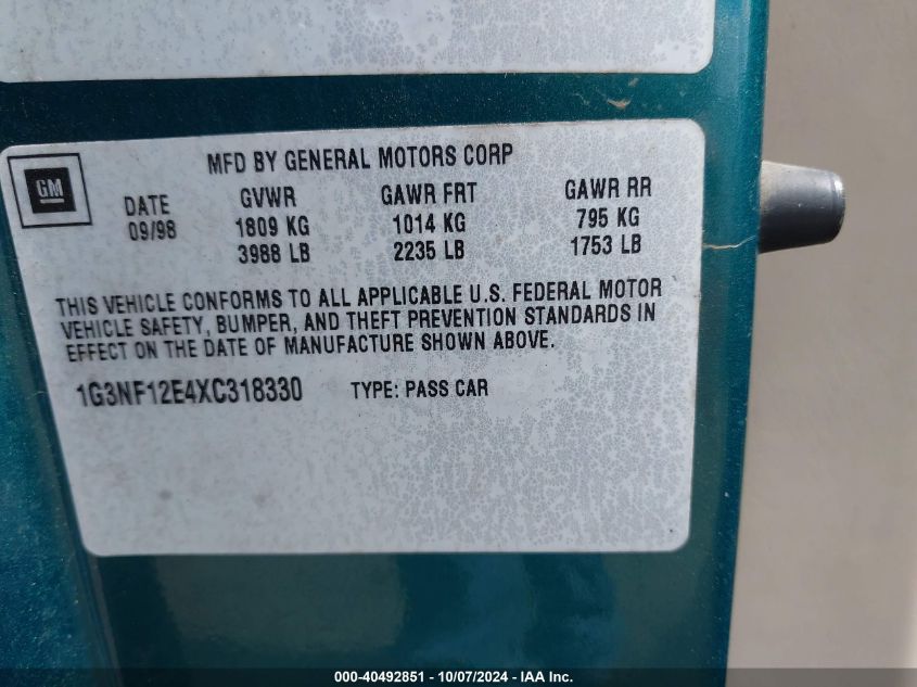 1999 Oldsmobile Alero VIN: 1G3MS12E4XT318330 Lot: 40492851