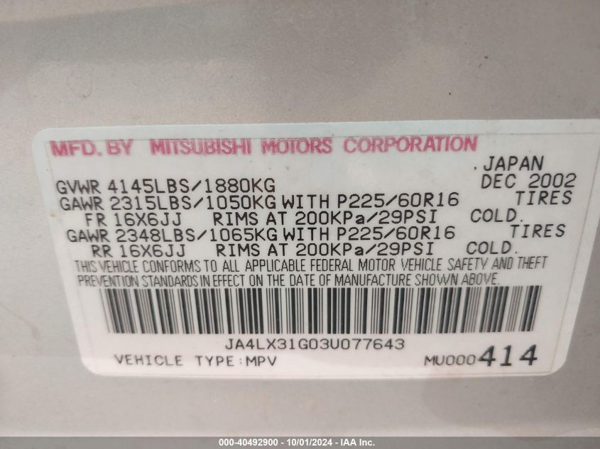 2003 Mitsubishi Outlander Ls VIN: JA4LX31G03U077643 Lot: 40492900