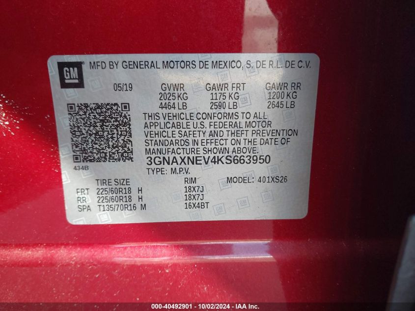 3GNAXNEZ4KS663950 2019 Chevrolet Equinox Premier