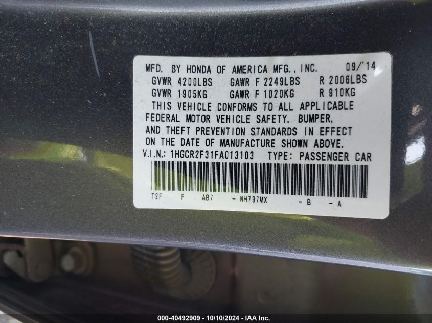 1HGCR2F31FA013103 2015 Honda Accord Lx