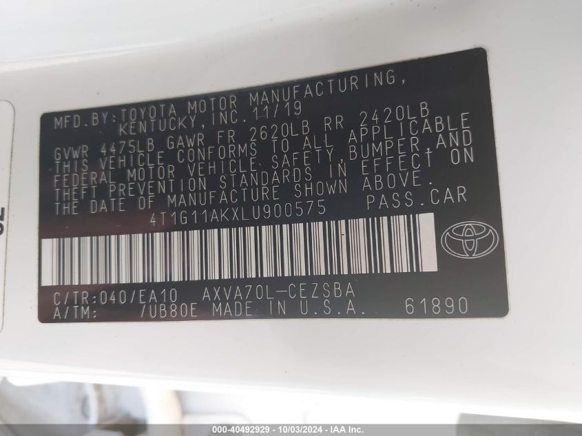 4T1G11AKXLU900575 2020 Toyota Camry Se