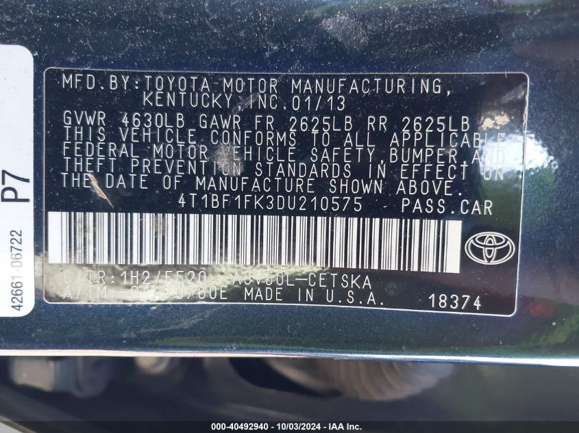 4T1BF1FK3DU210575 2013 Toyota Camry Se