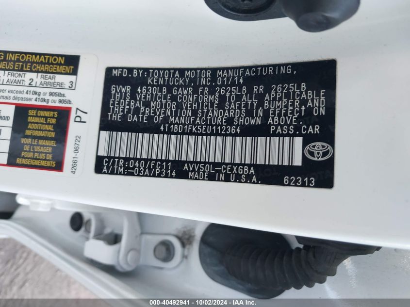 4T1BD1FK5EU112364 2014 Toyota Camry Hybrid Xle