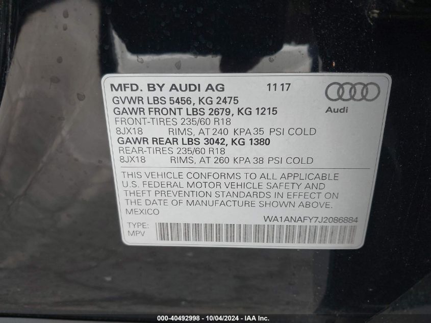 2018 Audi Q5 2.0T Premium/2.0T Tech Premium VIN: WA1ANAFY7J2086884 Lot: 40492998