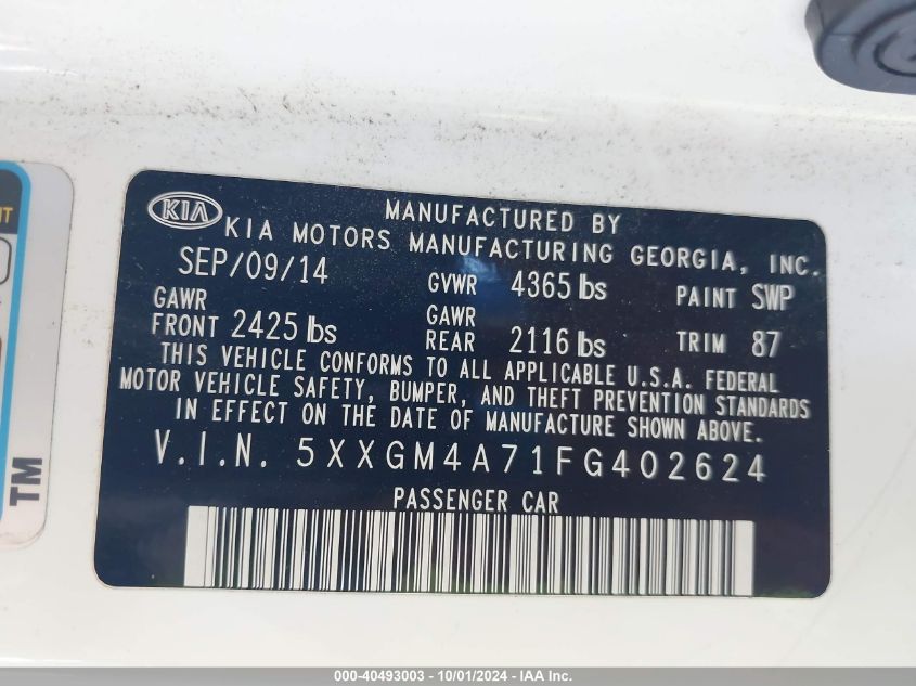 2015 Kia Optima Lx VIN: 5XXGM4A71FG402624 Lot: 40493003