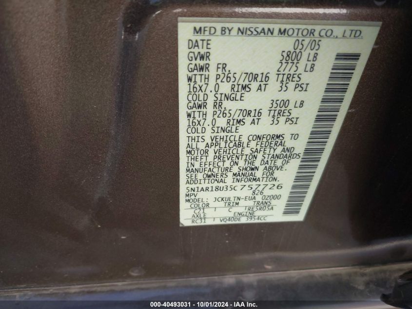 5N1AR18U35C757726 2005 Nissan Pathfinder Se