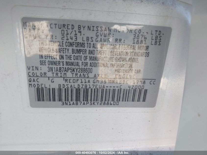 3N1AB7AP5KY288600 2019 Nissan Sentra Sv