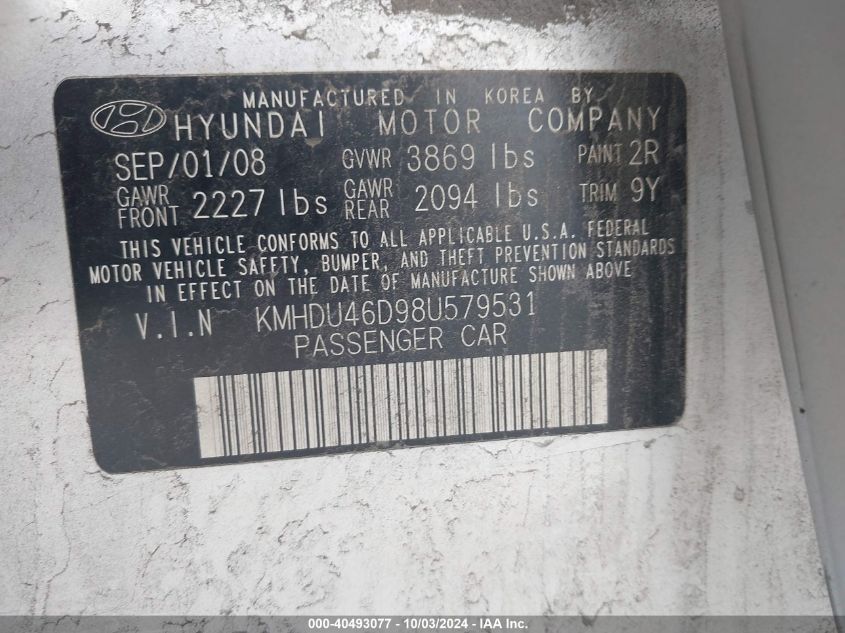 2008 Hyundai Elantra Gls/Se VIN: KMHDU46D98U579531 Lot: 40493077