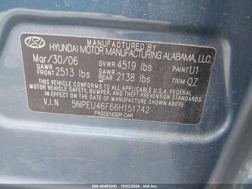 5NPEU46F66H151742 2006 Hyundai Sonata Gls V6/Lx V6