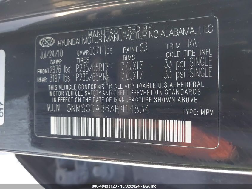 5NMSGDAB6AH414834 2010 Hyundai Santa Fe Gls