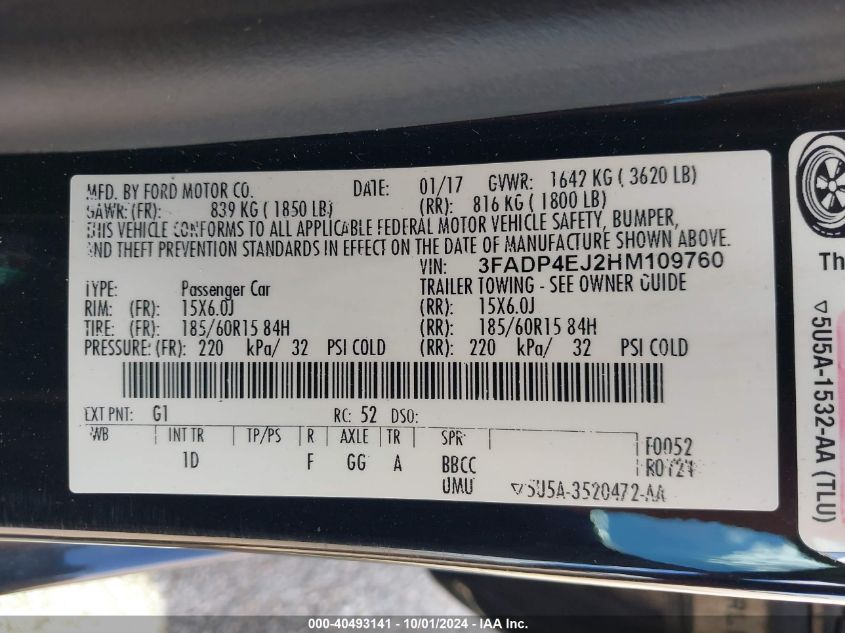 3FADP4EJ2HM109760 2017 Ford Fiesta Se