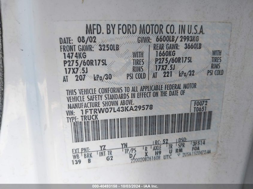 2003 Ford F-150 Lariat/Xlt VIN: 1FTRW07L43KA29578 Lot: 40493158