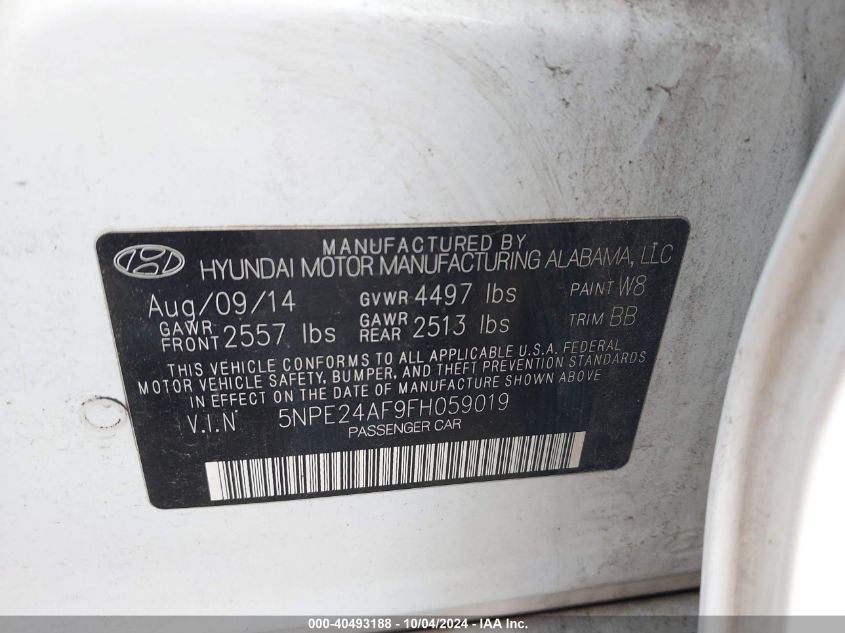 5NPE24AF9FH059019 2015 Hyundai Sonata Se