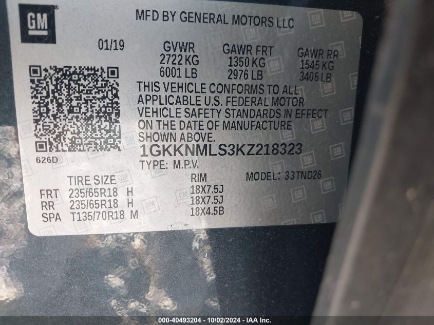 1GKKNMLS3KZ218323 2019 GMC Acadia Slt-1