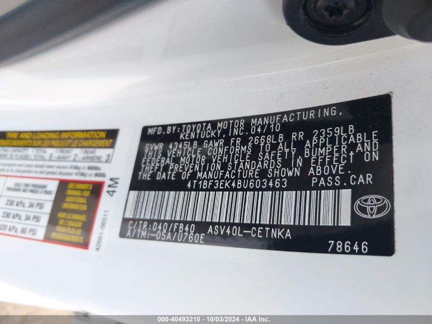 4T1BF3EK4BU603463 2011 Toyota Camry Le