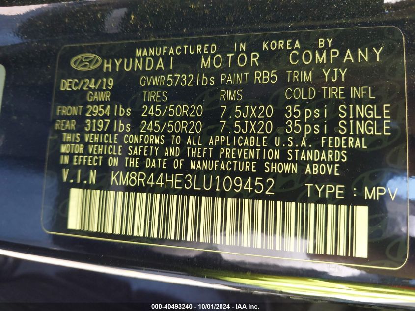 KM8R44HE3LU109452 2020 Hyundai Palisade Sel