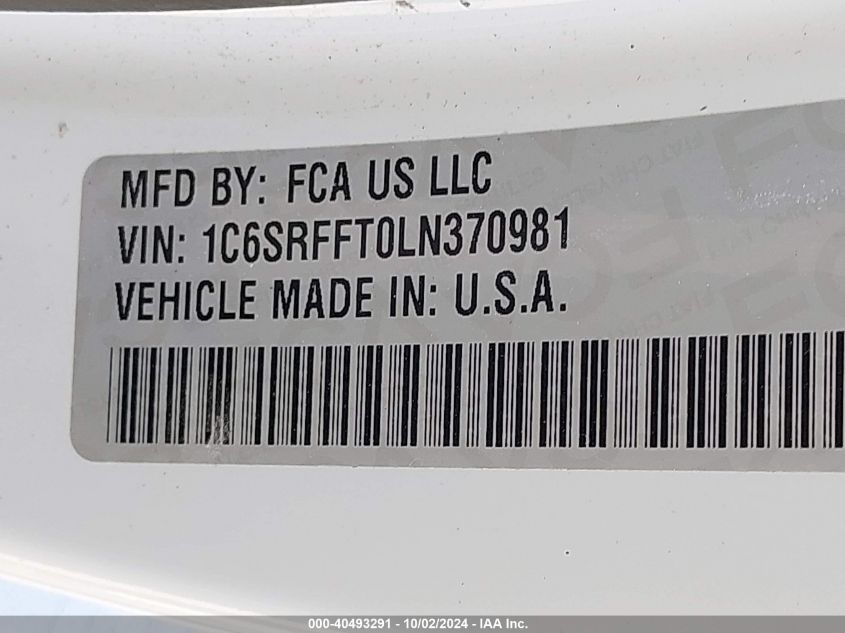 2020 Ram 1500 Big Horn 4X4 5'7 Box VIN: 1C6SRFFT0LN370981 Lot: 40493291