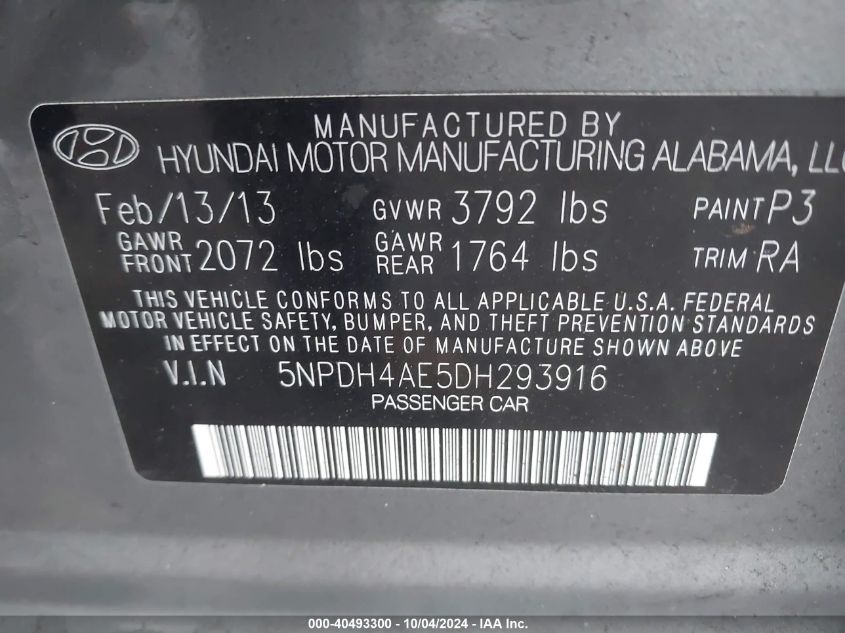 5NPDH4AE5DH293916 2013 Hyundai Elantra Gls